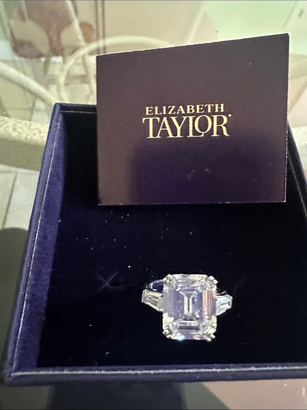 Elizabeth Taylor Silver-Tone Emerald-Cut Crystal Ring in White